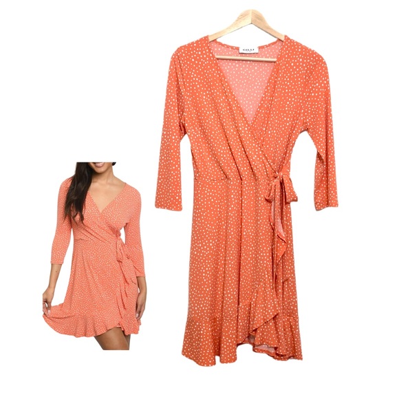 Gilli Orange Faux Wrap Dress with 3/4 Sleeves Medium Flirty Feminine - Picture 1 of 10